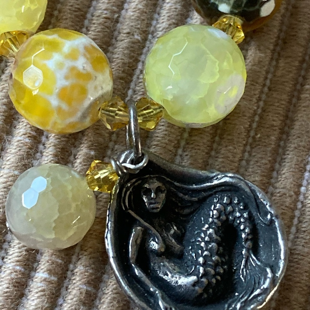 New Faceted Crackled Yellow Quartz Necklace Pewter Mermaid in Shell